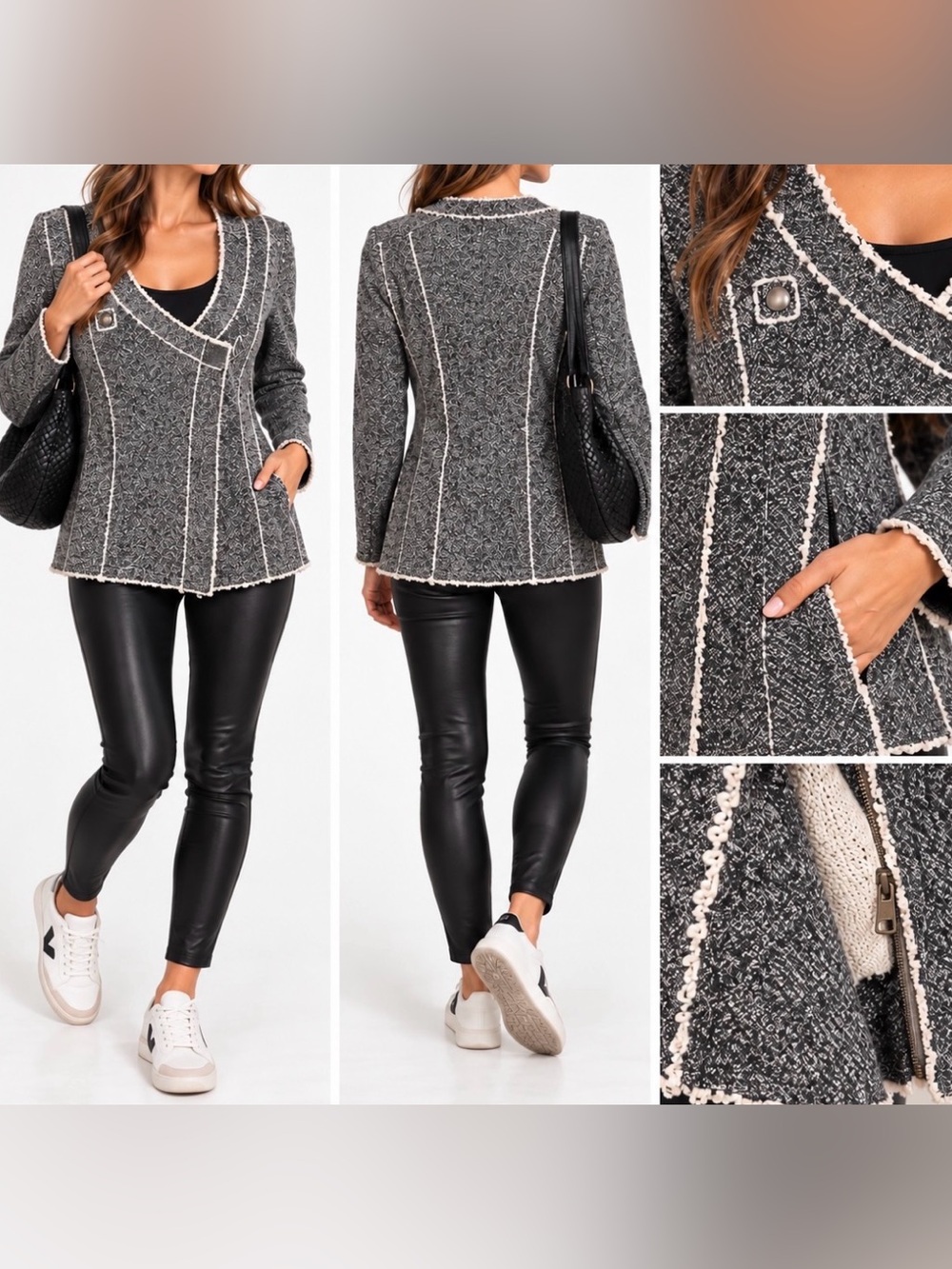 Renvy Gray Cream Cotton Asymmetrical Moto Knit Jacket Size L
